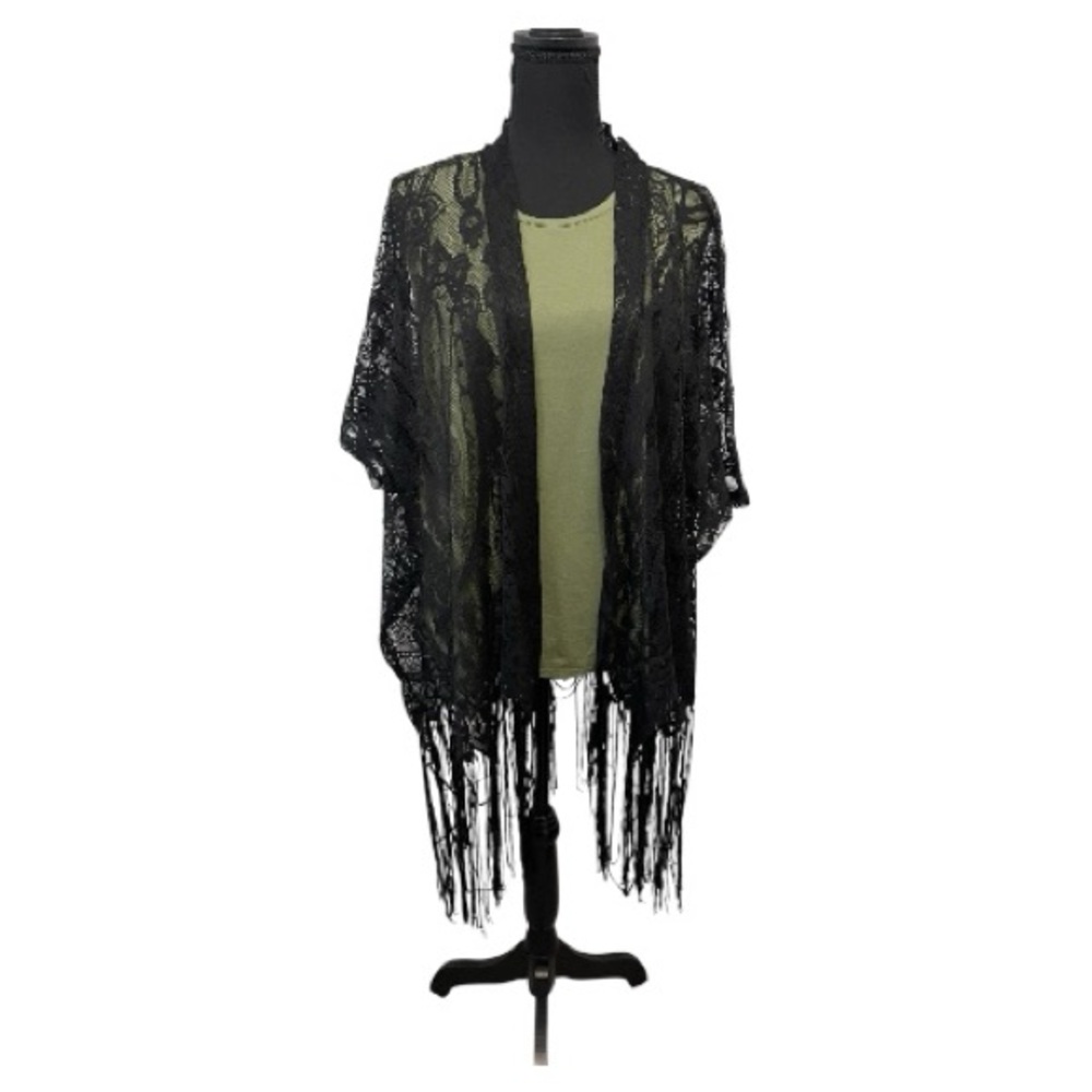 Emerette l Black Lace Kimono with Fringe l Size XL